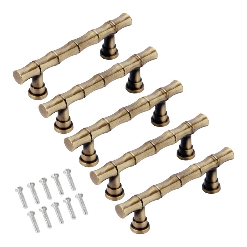 Mgoodoo 5PCS Bamboo Shape Handle, Zinc Alloy Brass Drawer Pull 4.21'' Retro Knob Antique for Cabinet Closet Dresser Bathroom Wardrobe Cupboard(Hole Spacing 64mm/2.52'') - Image 1